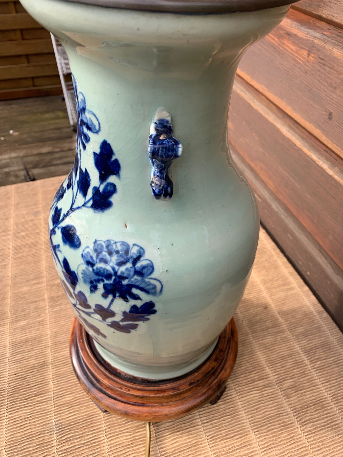 Celadon blue porcelain lamp with vegetal decoration, China, 19th century