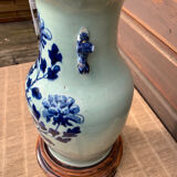 Celadon blue porcelain lamp with plant decoration, China, 19th century