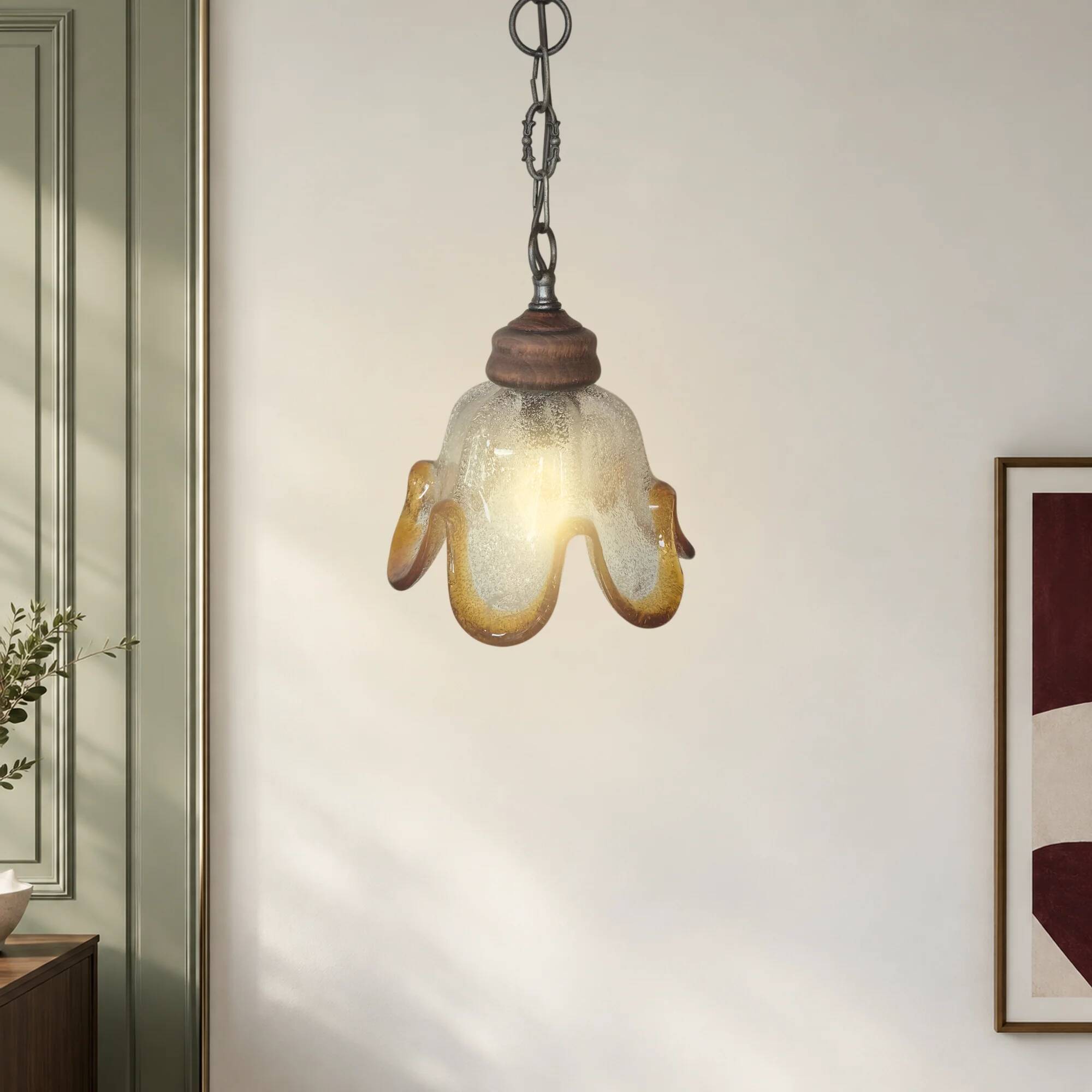 Vintage suspension with textured glass and amber-edged wood.