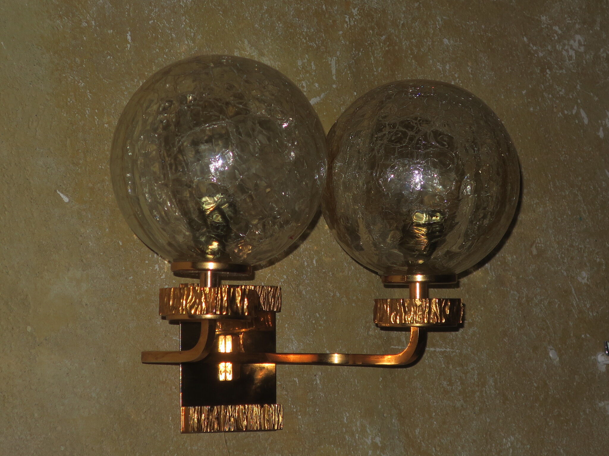 Brass and glass doiuble wall light with gold overlay, 1970