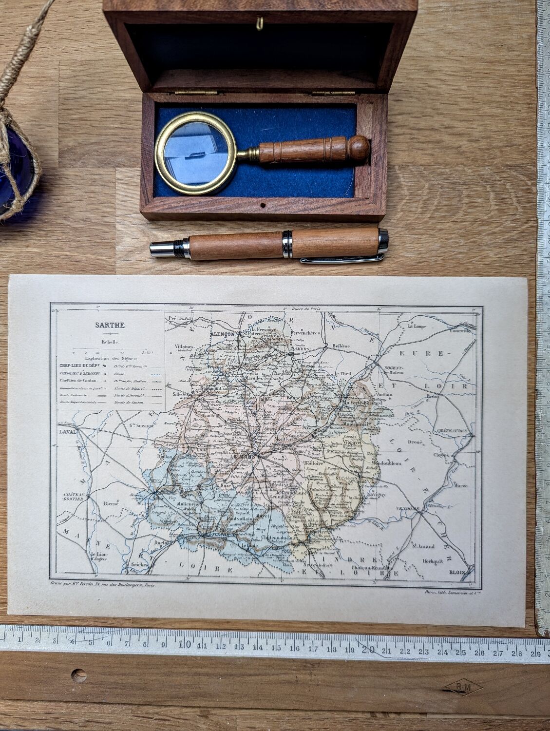 Printed in 1889, map of Sarthe. Authentic Vintage