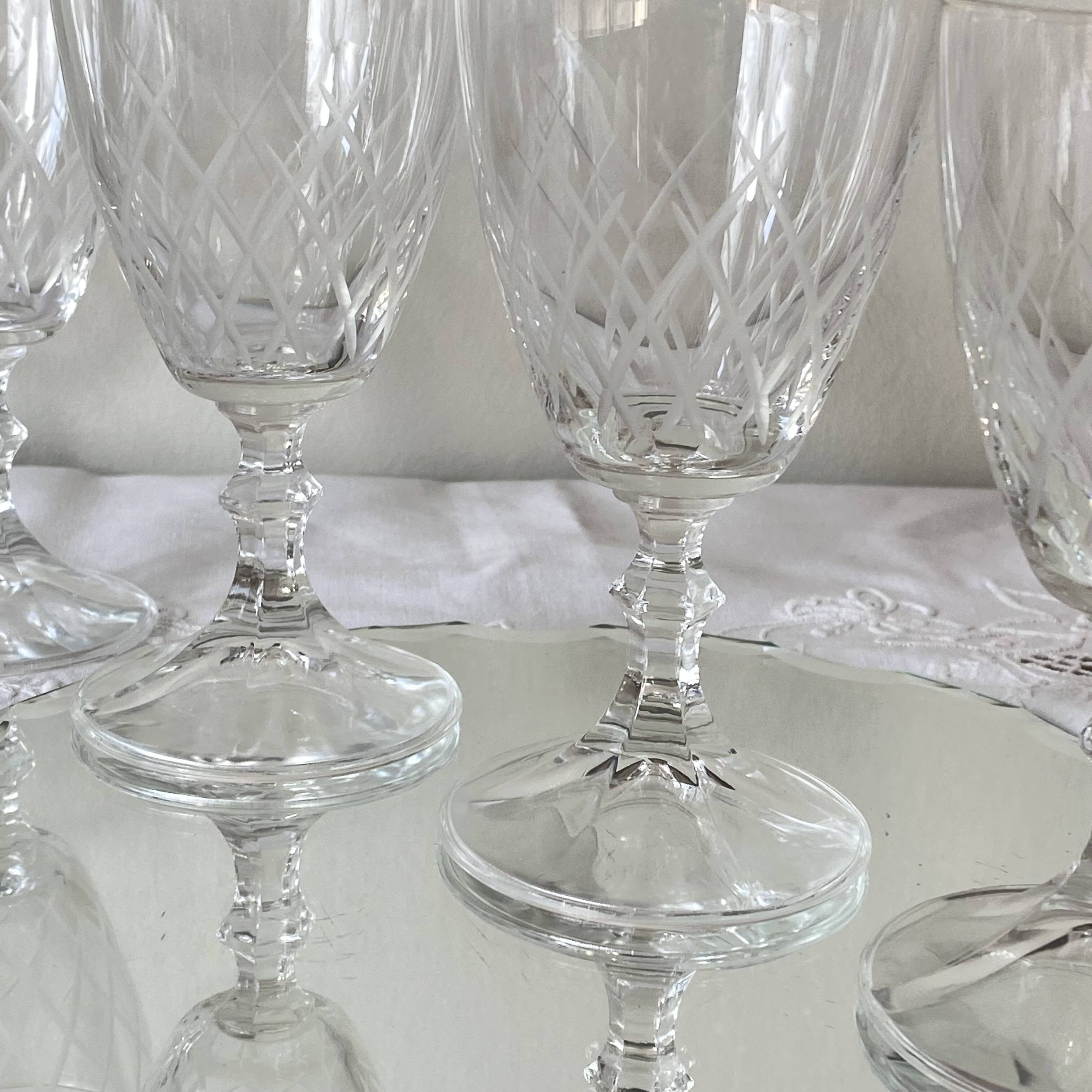 6 antique engraved glasses for wine or water.