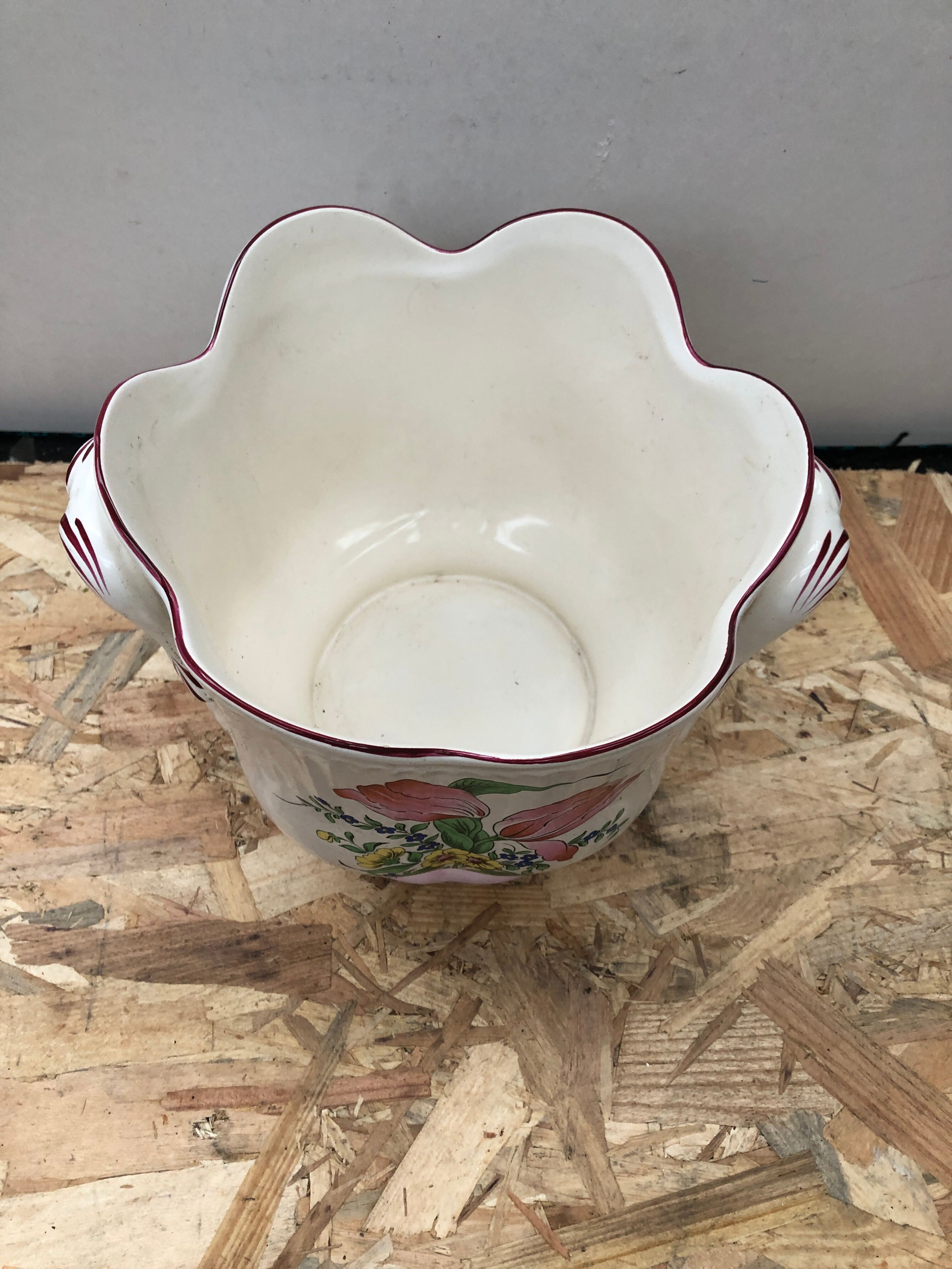 Old Cache Pot K&G LUNEVILLE Ceramic White Decoration Vintage Flowers