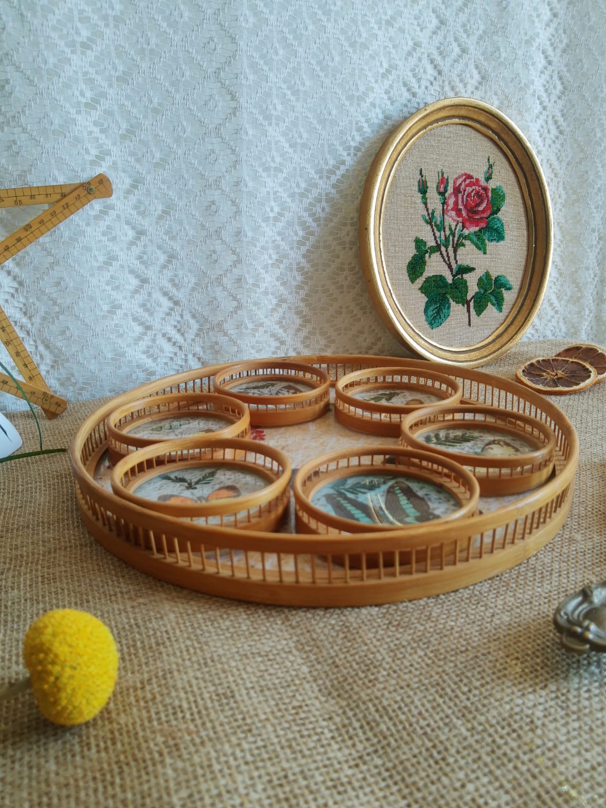Set tray and 6 under glass bamboo vintage butterflies