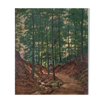 Tableau "Chemin ensoleillé en sous bois" signé Baudru 1933