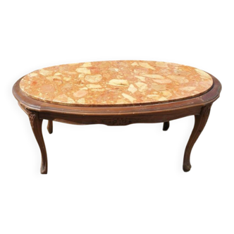 Table basse ancienne marbre rose et bois massif