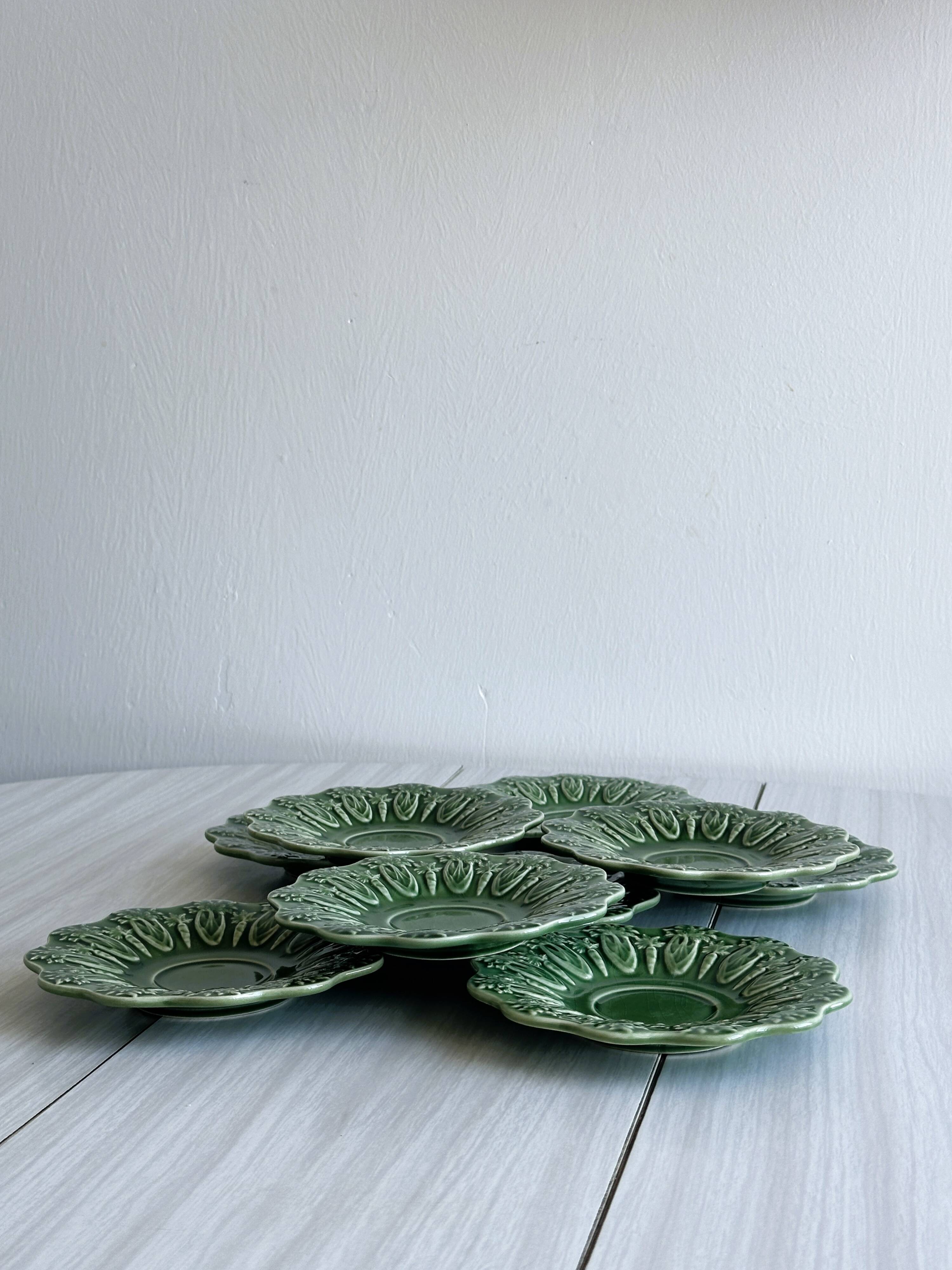 Set of 9 small old green earthenware plates