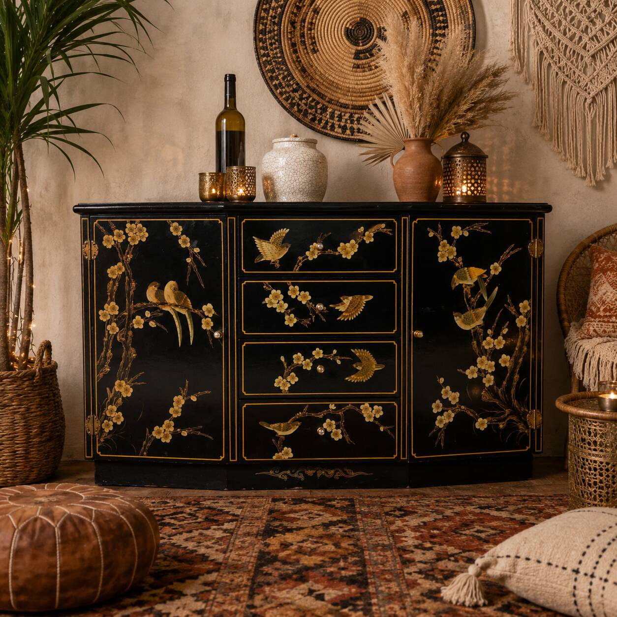 Vintage Chinese sideboard / lacquer cabinet (black / birds) Bohemian