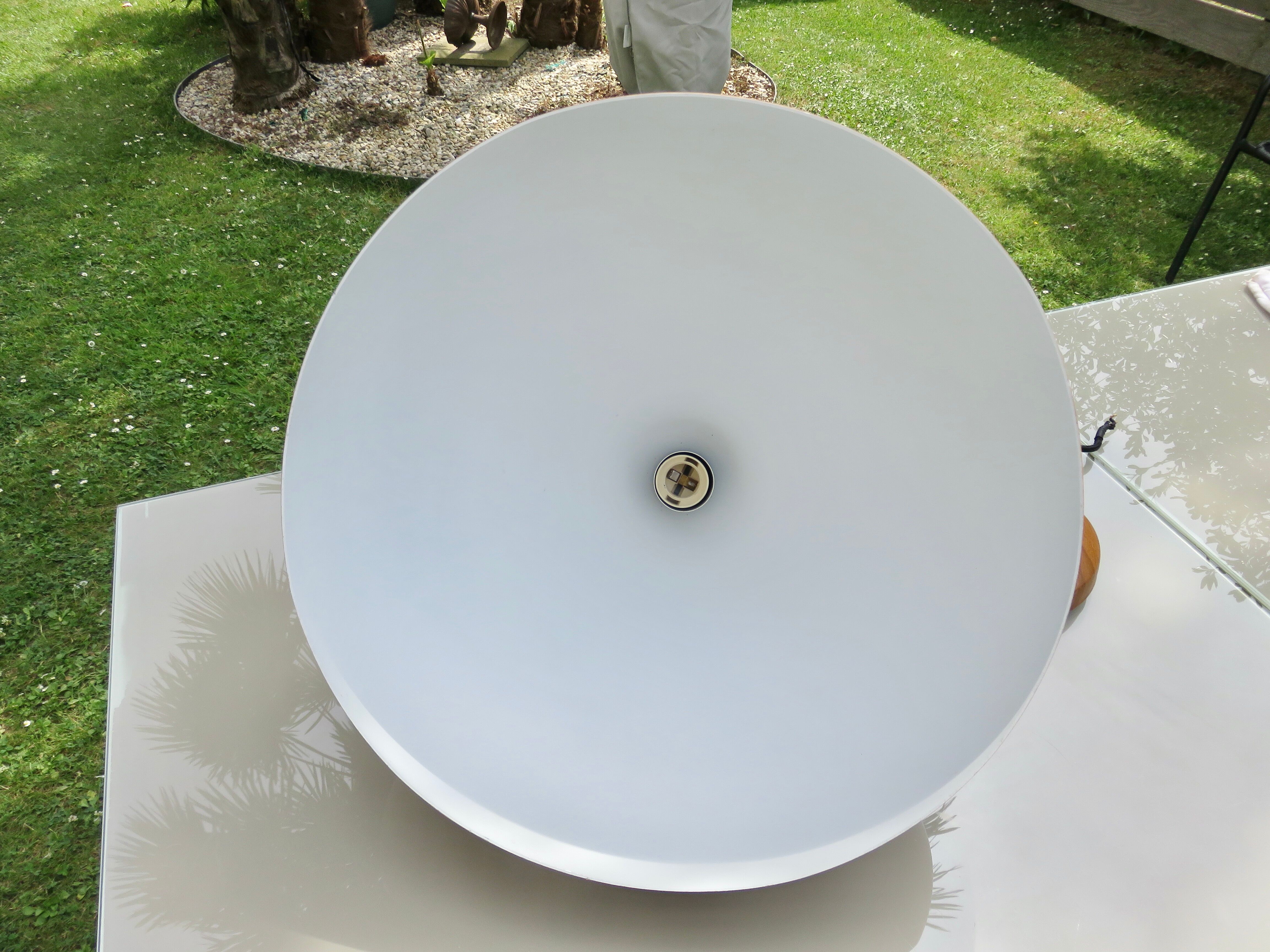 Scandinavian metal pendant light with a faux wood finish, 1980s.