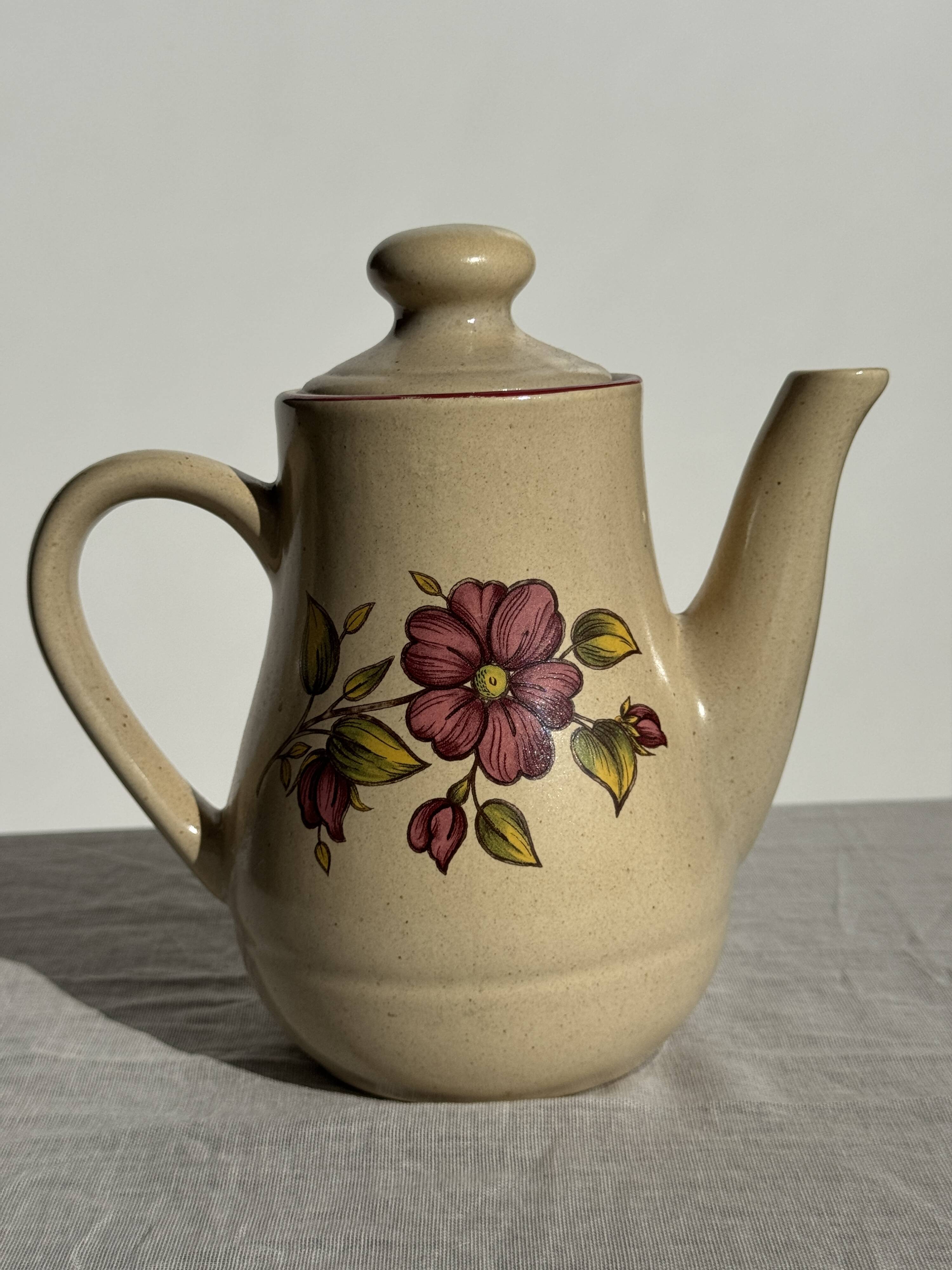Vintage beige stoneware teapot with pink flower pattern H22