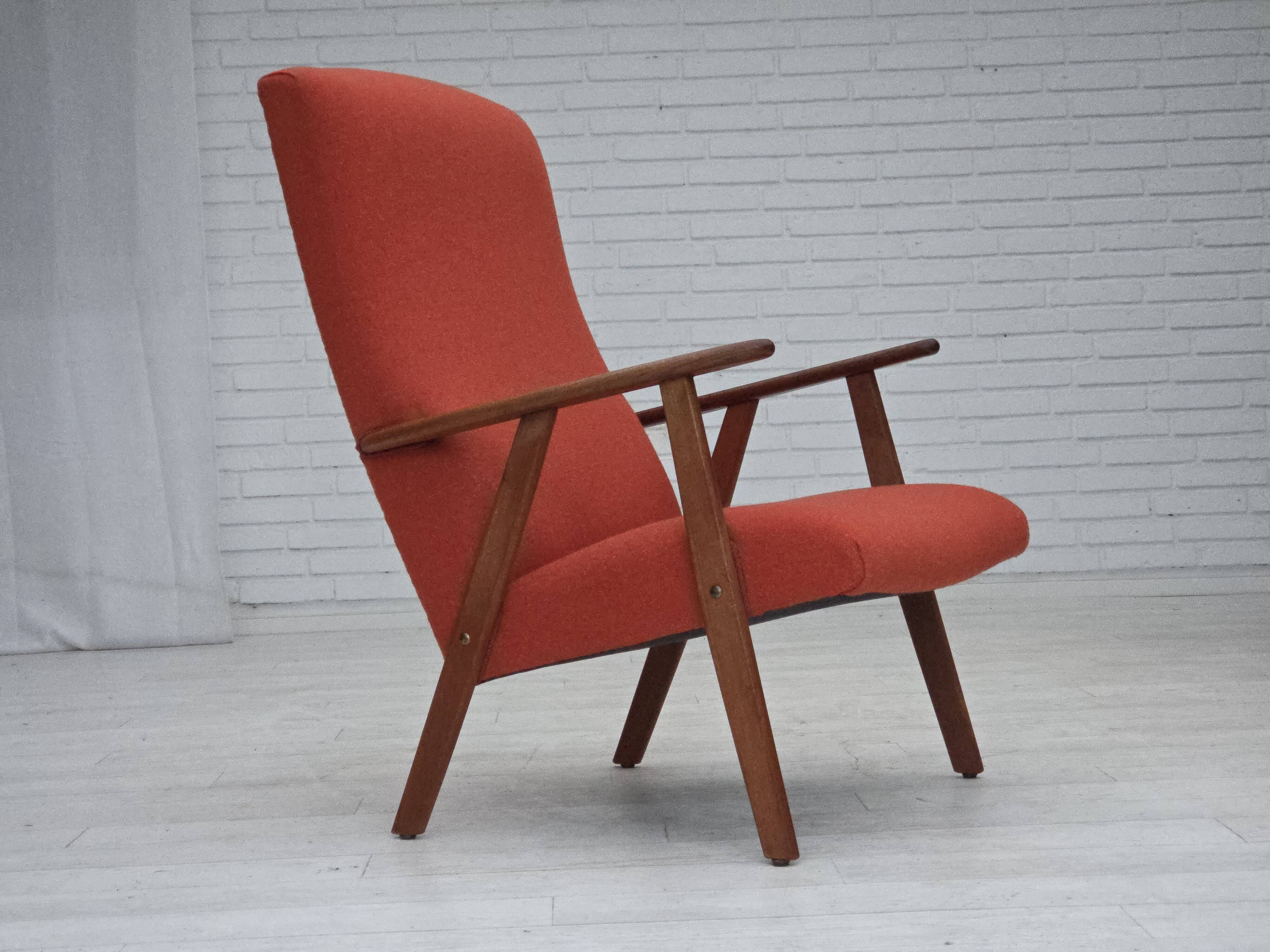 1970s, Danish highback armchair, furniture wool, teak wood, oak wood.