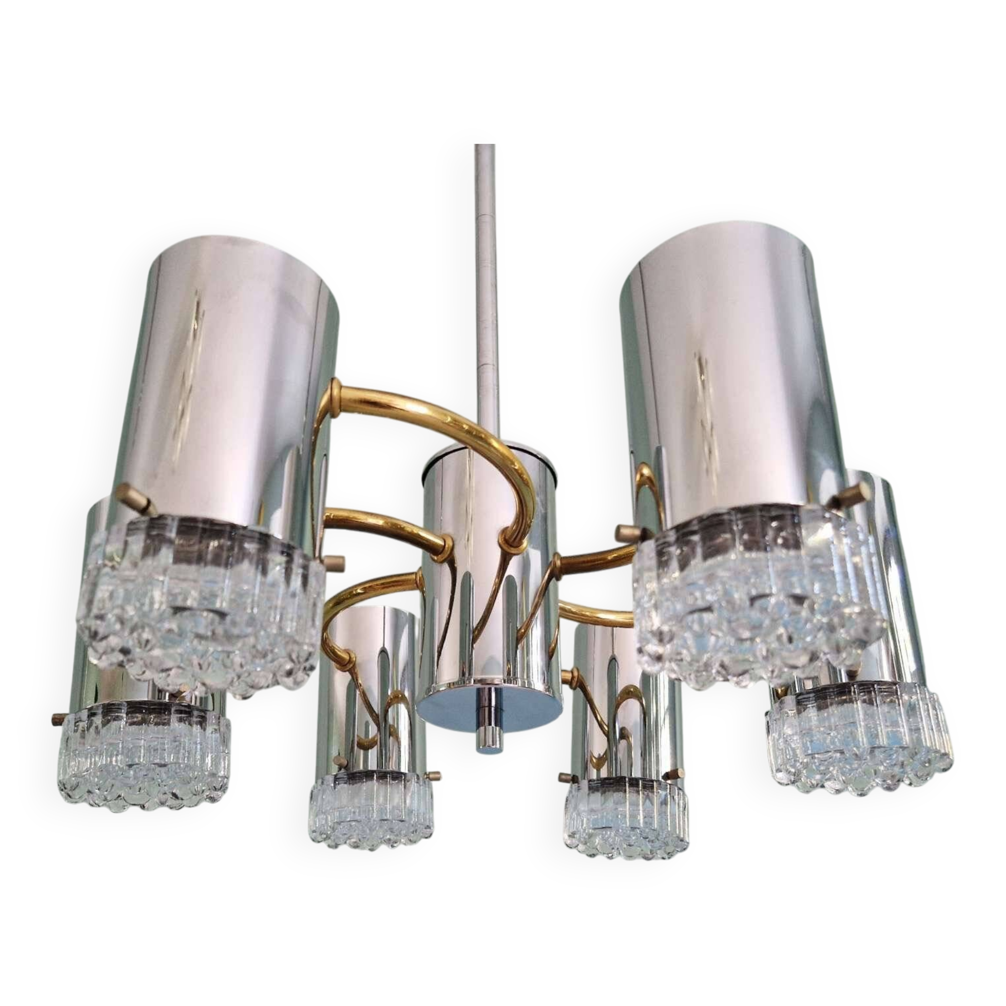 Space Age chandelier in chrome metal and brass, 1970s