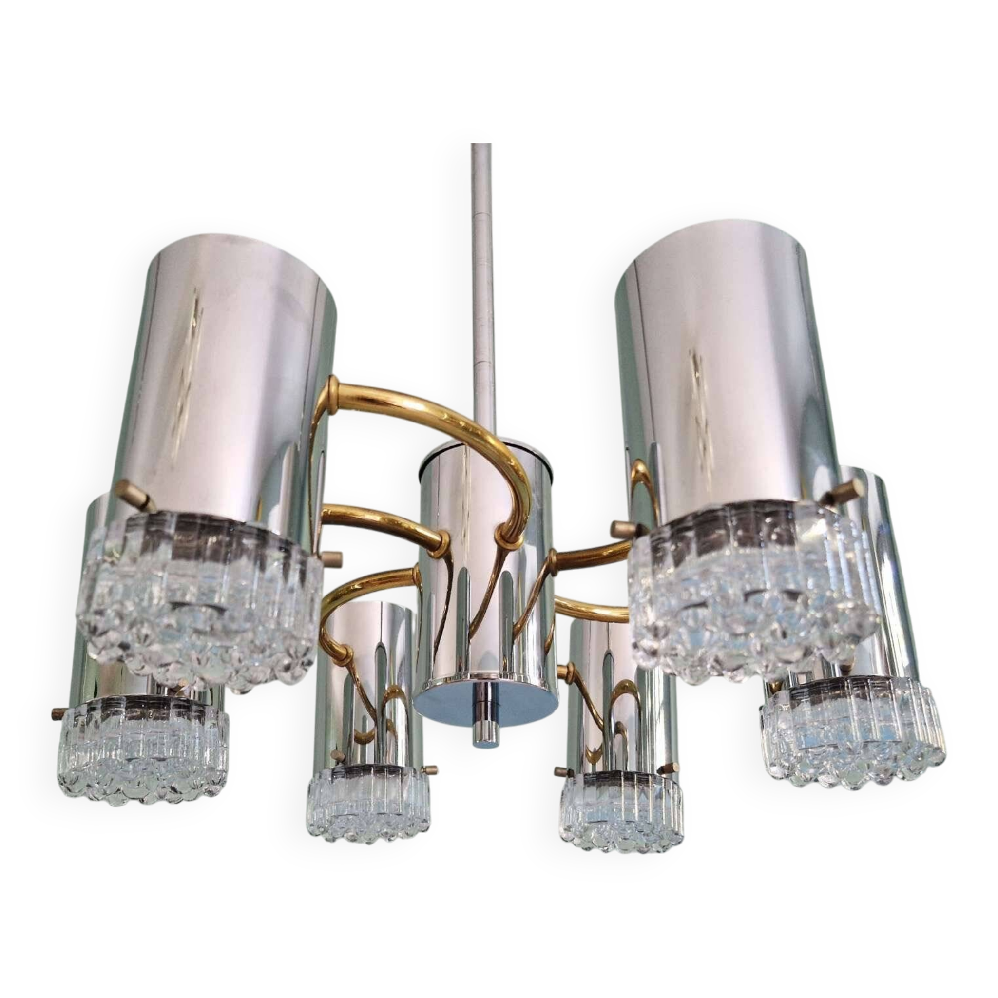 Space Age chandelier in chrome metal and brass, 1970s