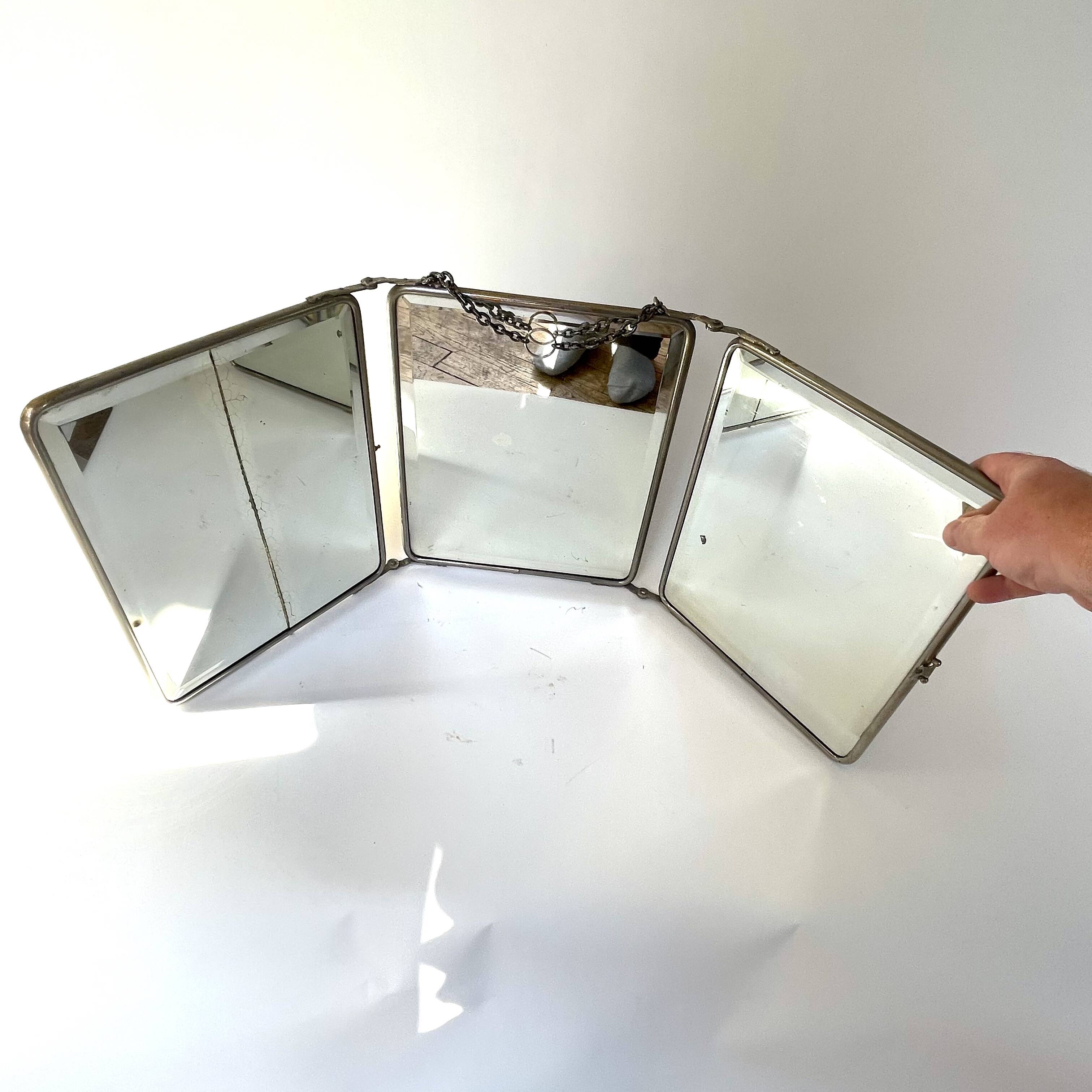 Barber's triptych mirror, beveled ice, vintage 1950