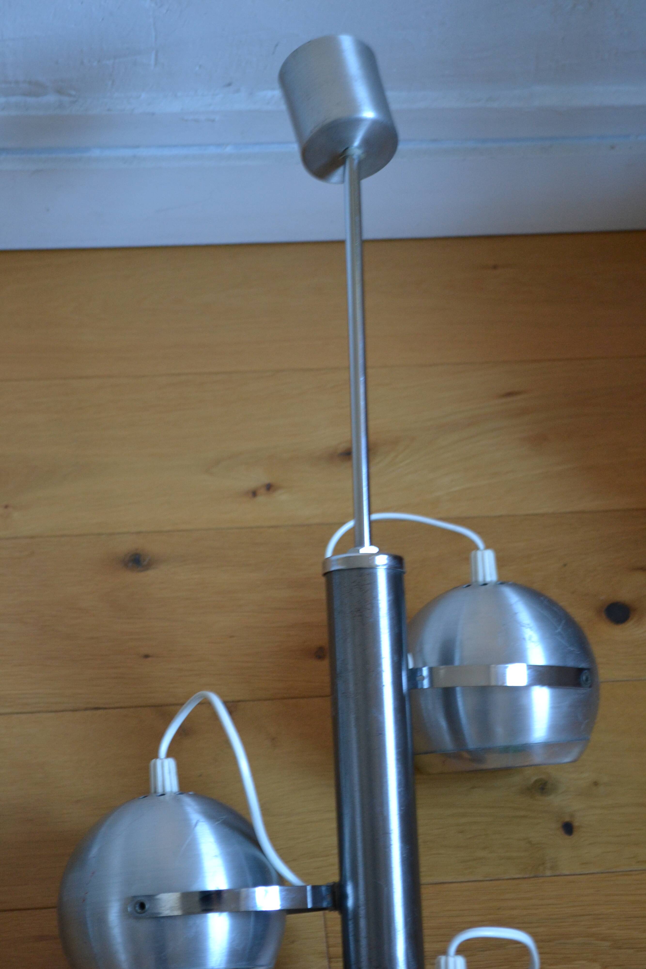 Pair of 70s space age eye ball chandeliers in brushed aluminum