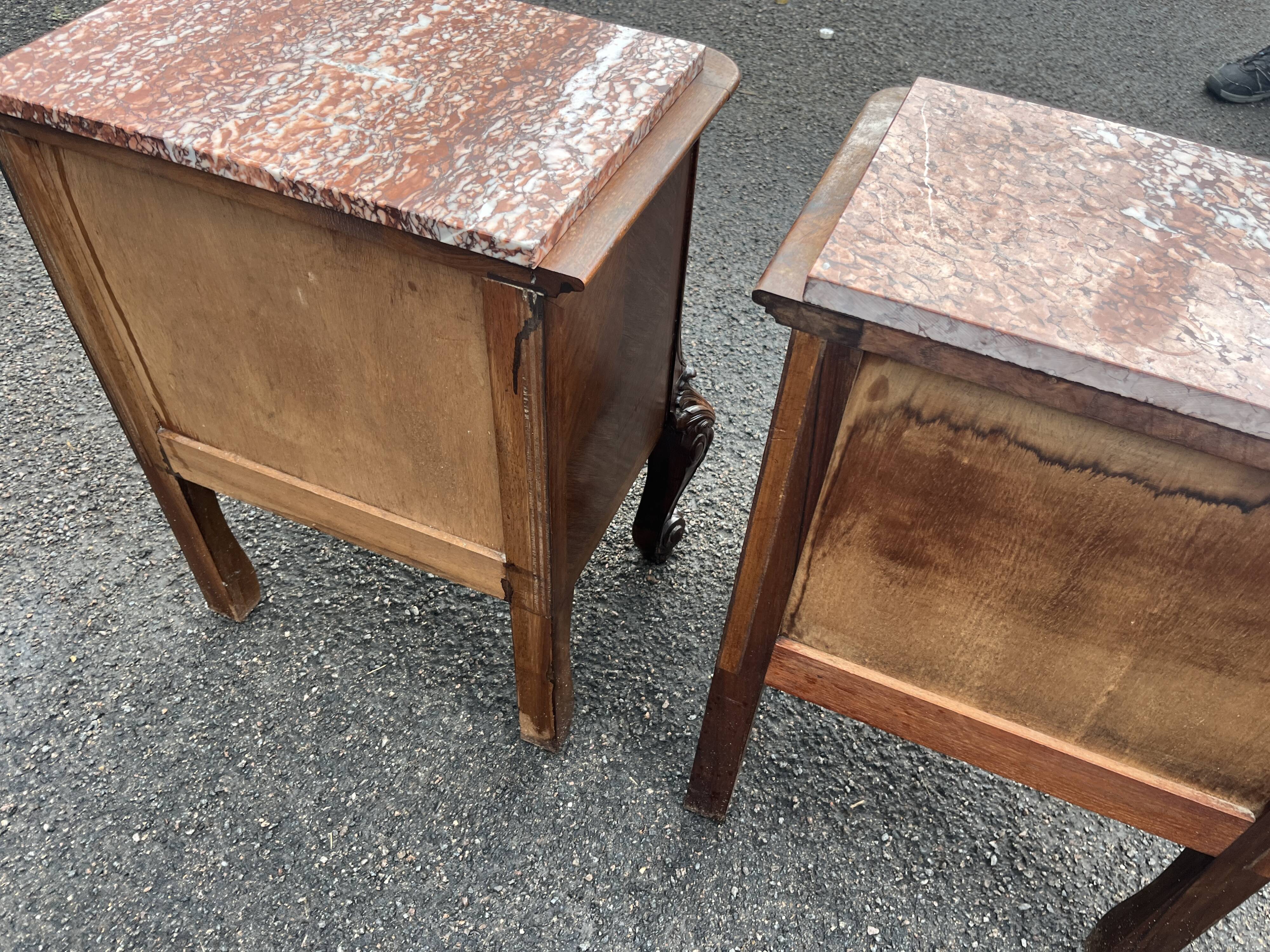Pair of Louis XV style bedside tables with marquetry veneer, marble top, f
