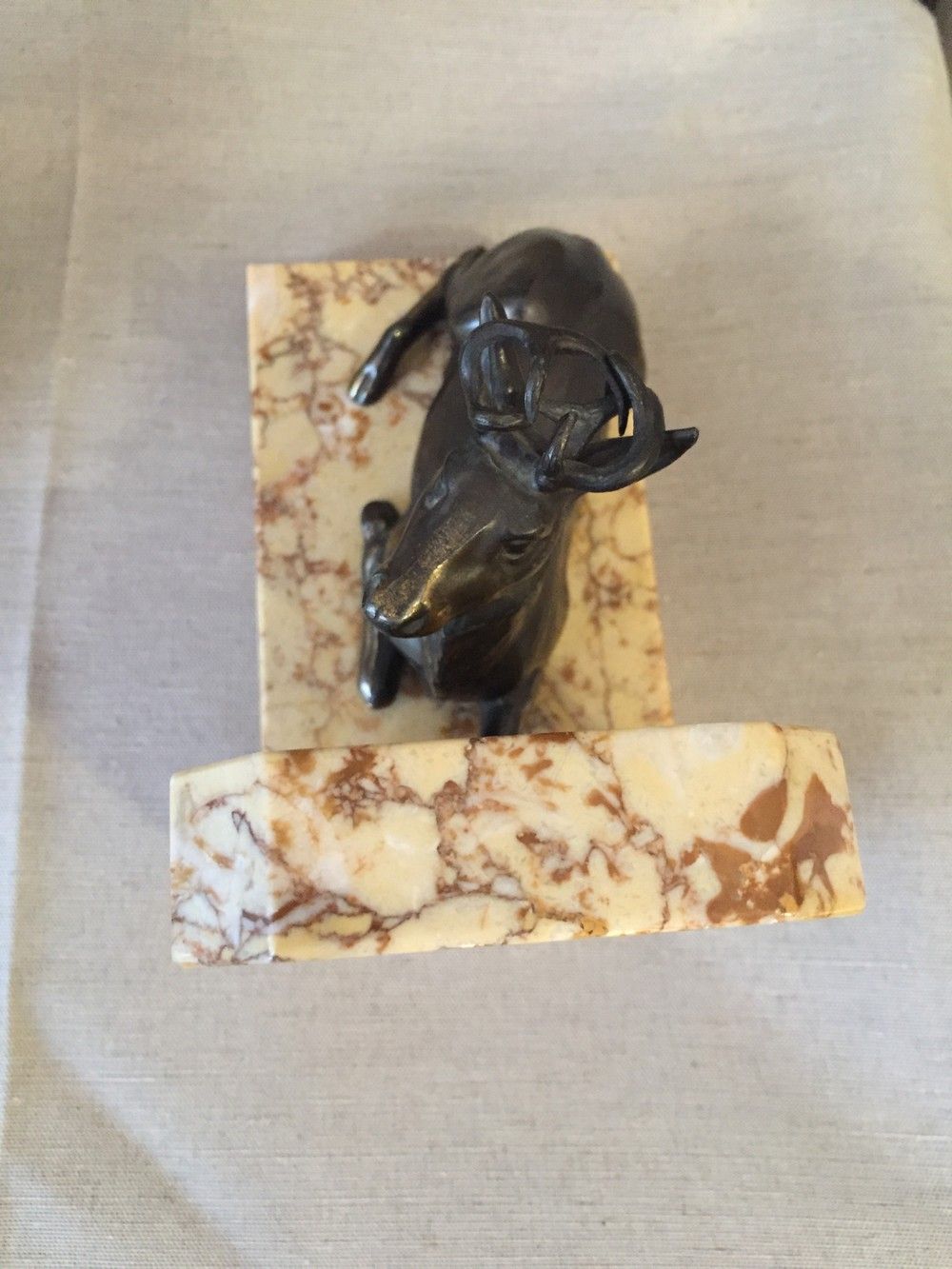 Pair of marble bookends and ruler representing a deer with his mother and a deer