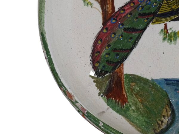 Bol ancien français en terre cuite émaillée à décor de paon