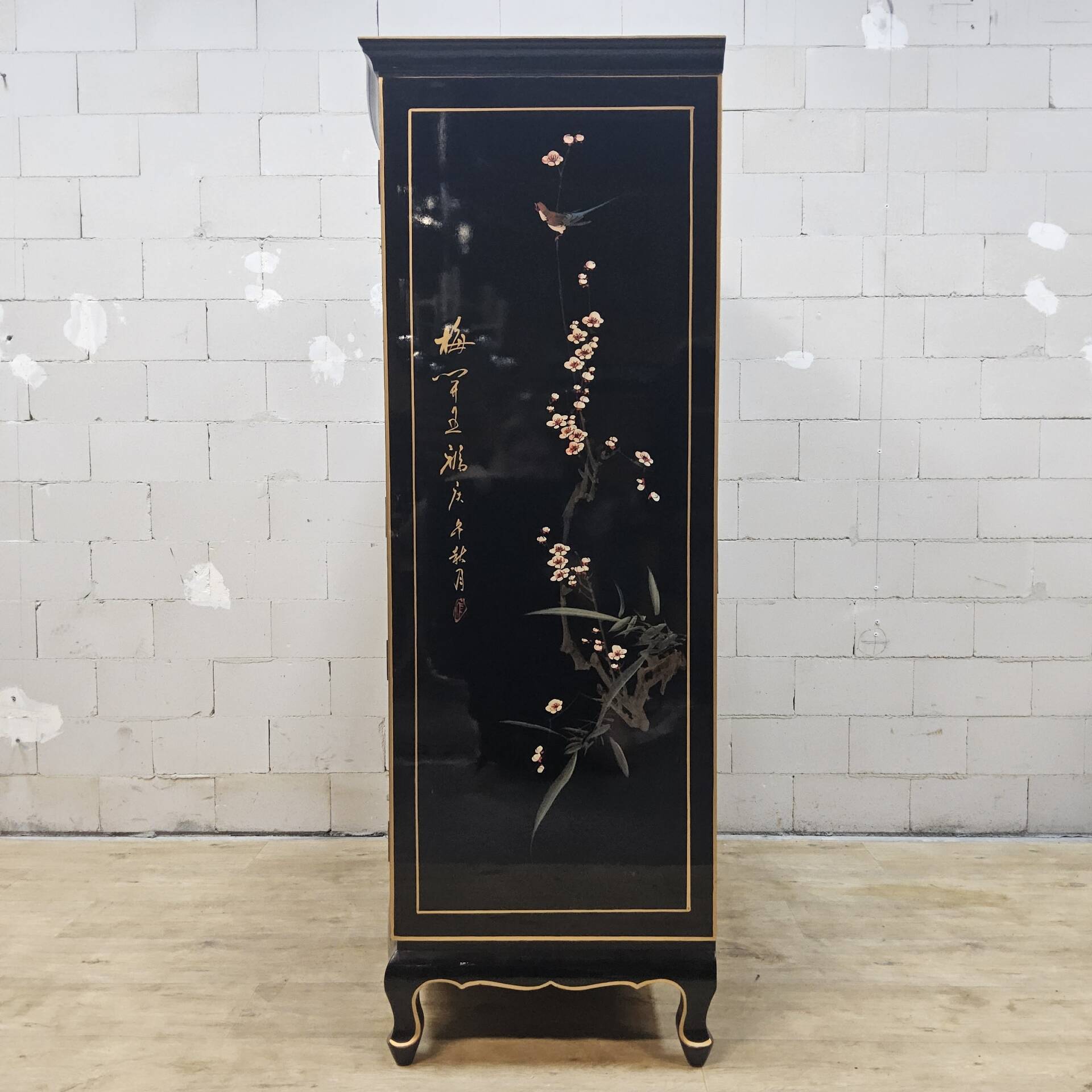 Vintage Chinese lacquer cabinet with black flowers and birds / bohemian