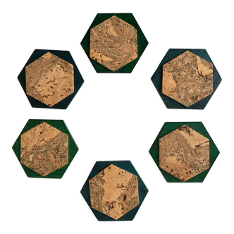 Set of 6 coasters in painted wood and cork on 70s support