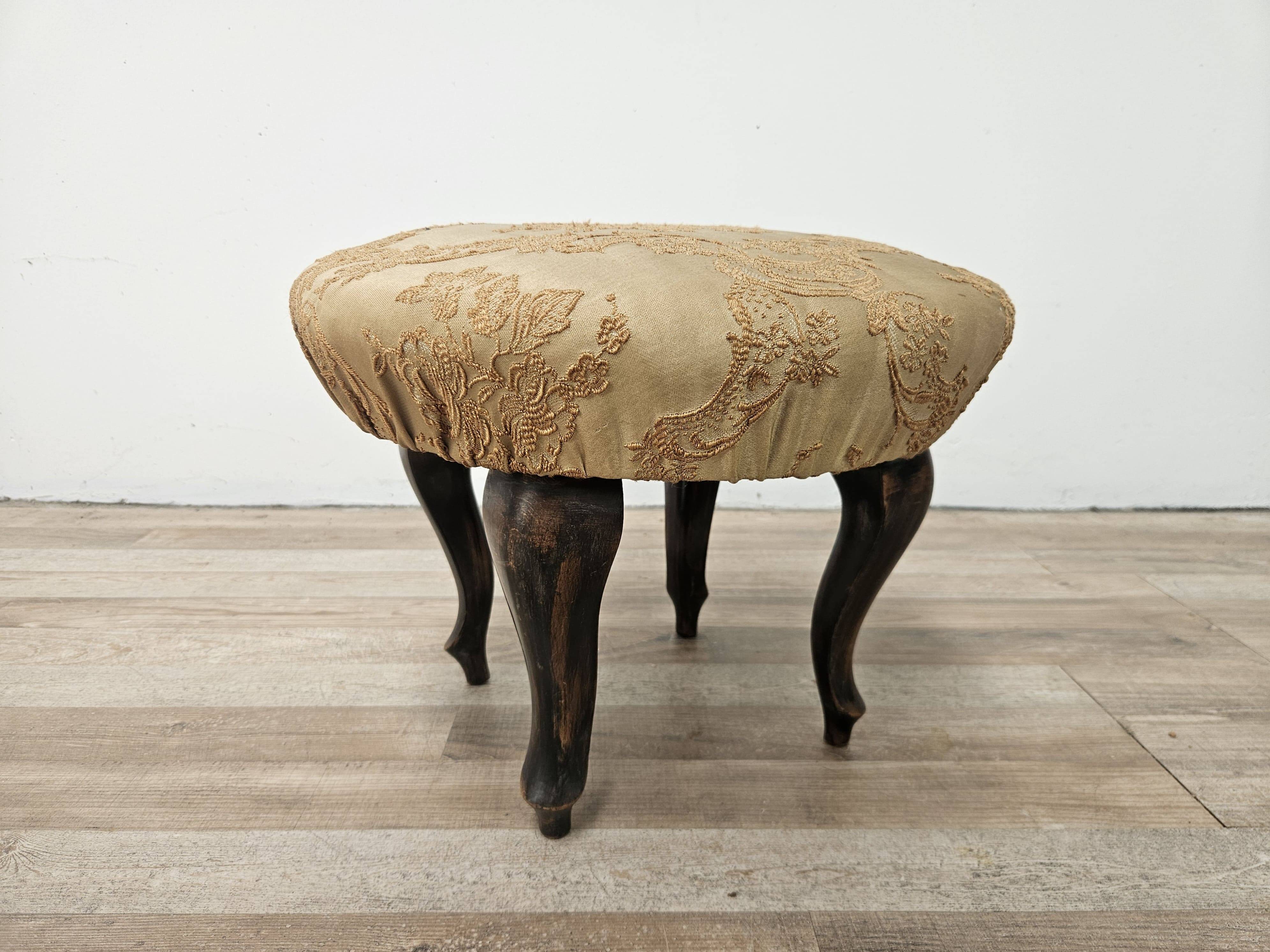 Vintage walnut pouf with fabric-covered seat, 1940s