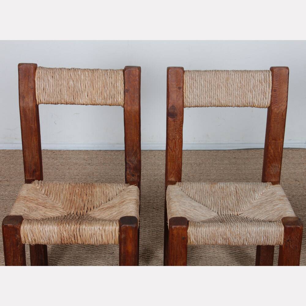 Set of 4 straw-seated wooden chairs, 1950.