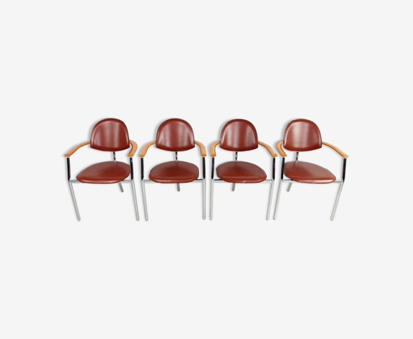 Fauteuils de salle à manger vintage en cuir rouge par Arrben, années 1980