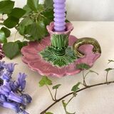 Bougeoir ancien en barbotine figurant une fleur