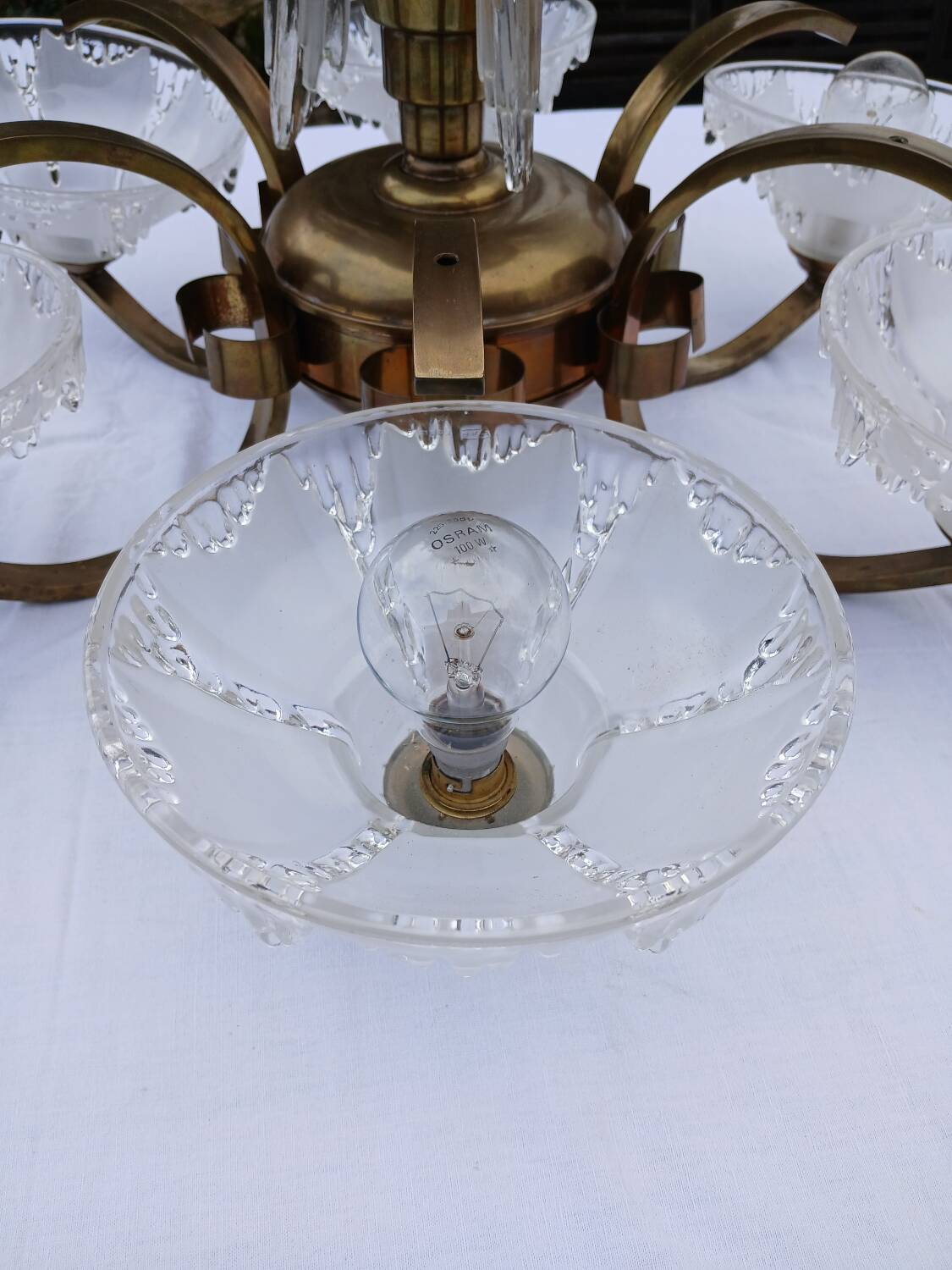 Antique Art Deco brass and glass chandelier