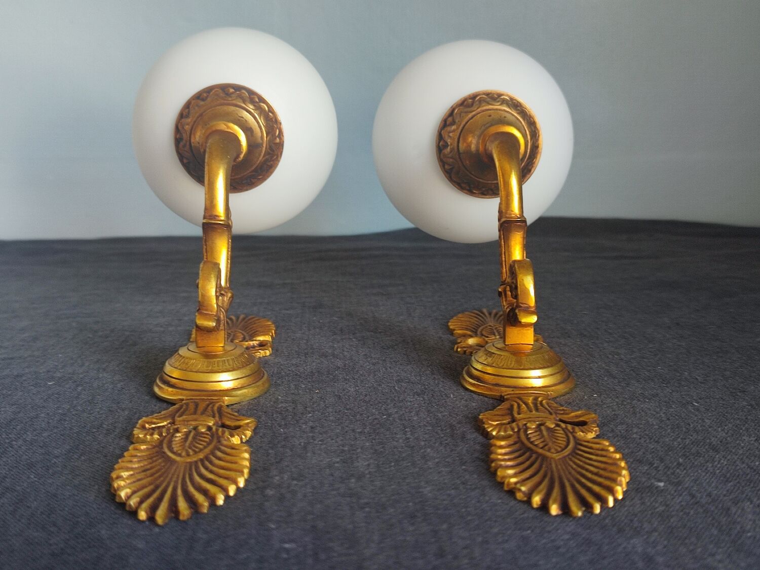 Pair of vintage brass and opaline wall lights