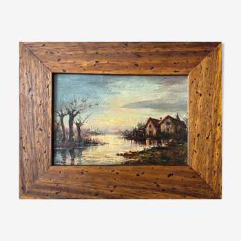 Painting, "Sunset over the houses by the water" by Allera