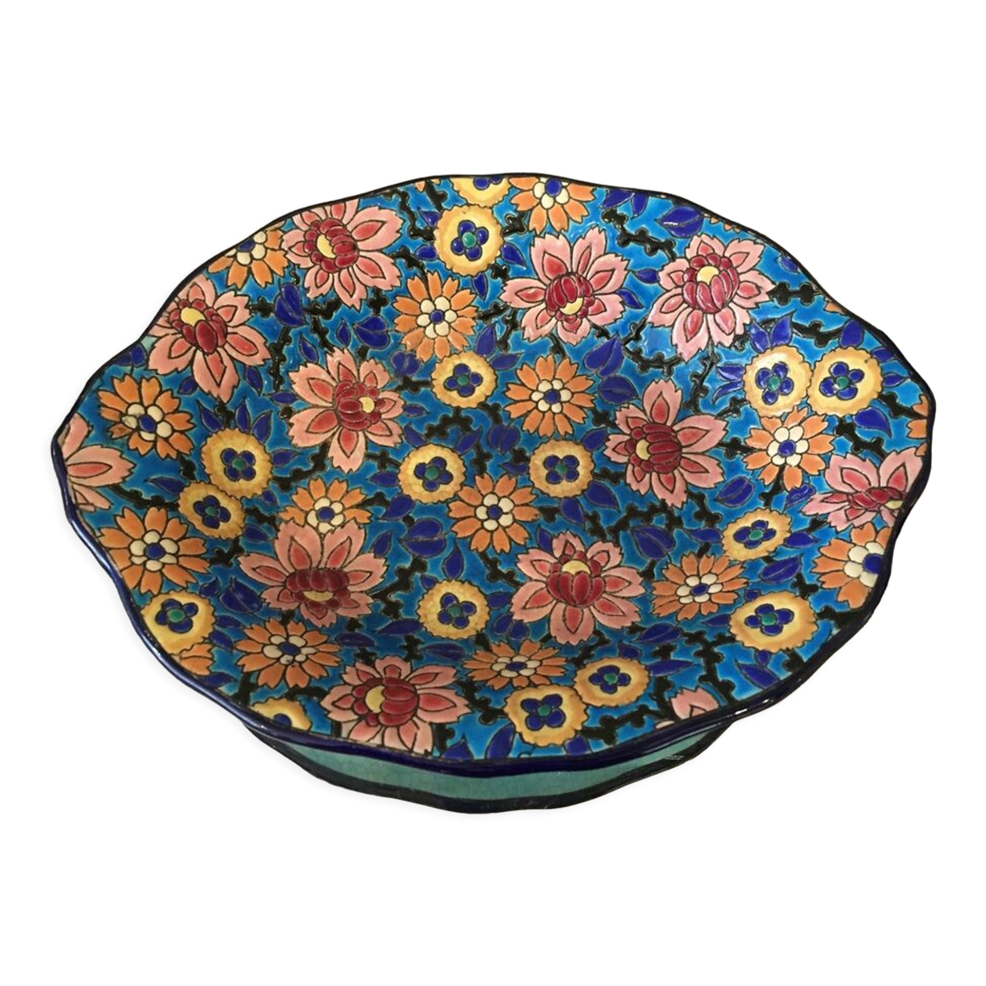Oval fruit cup in Longwy enamels with floral decoration