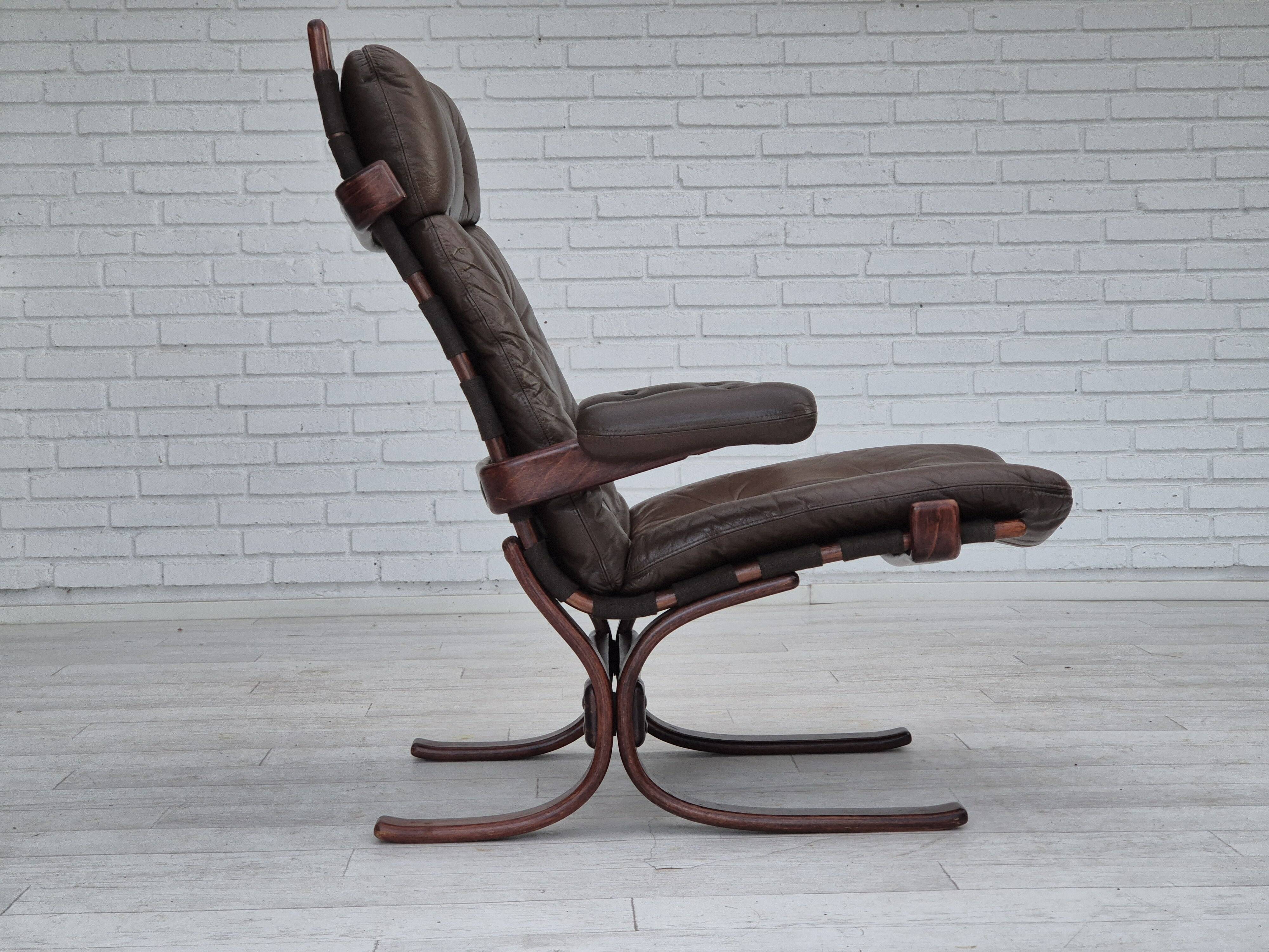 1970s, Scandinavian armchair, original condition, furniture leather, bent wood, canvas.