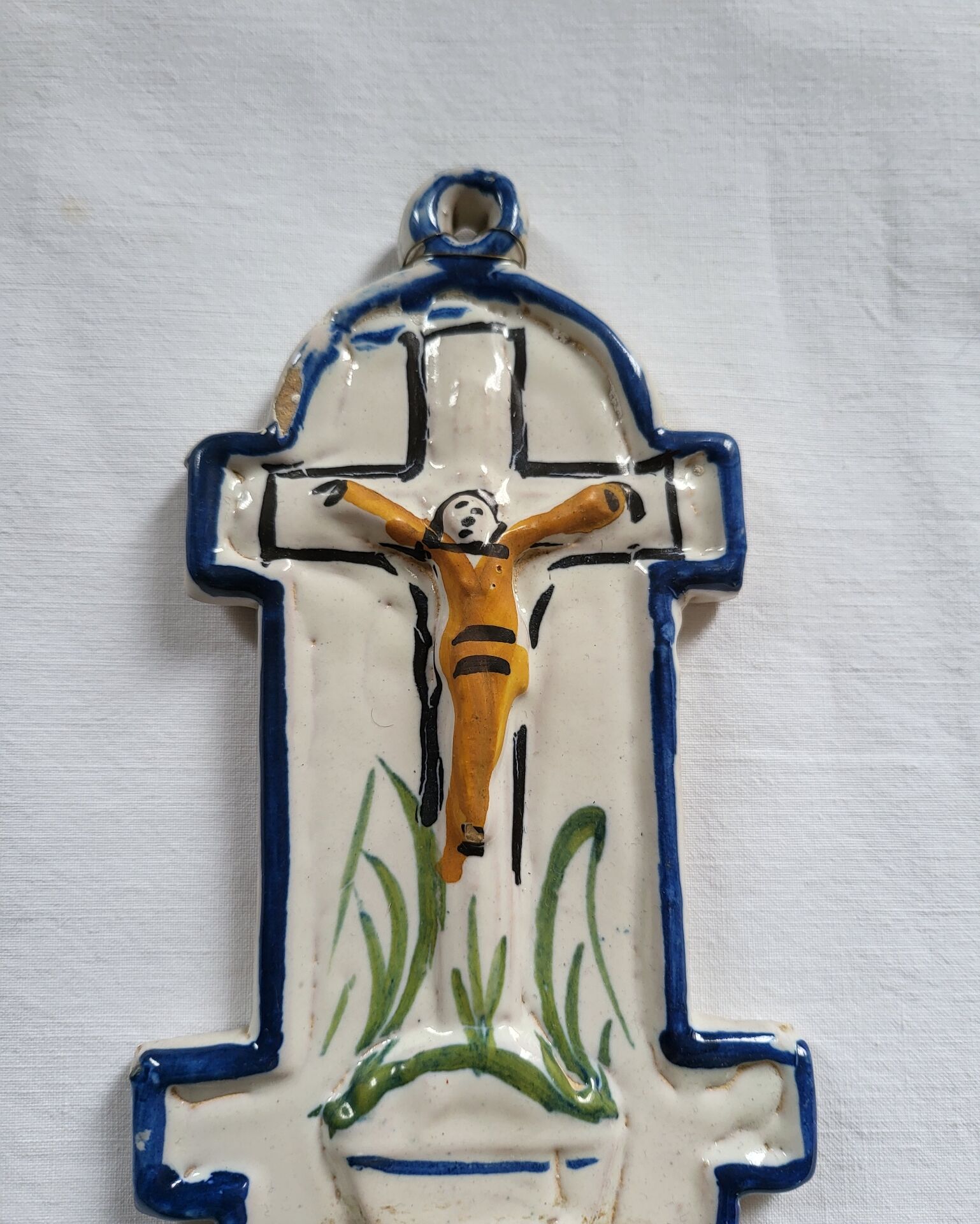 Old Faience Baptismal Font Enamelled Cross