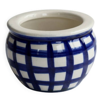 Vintage ceramic cache-pot with navy blue gingham pattern.