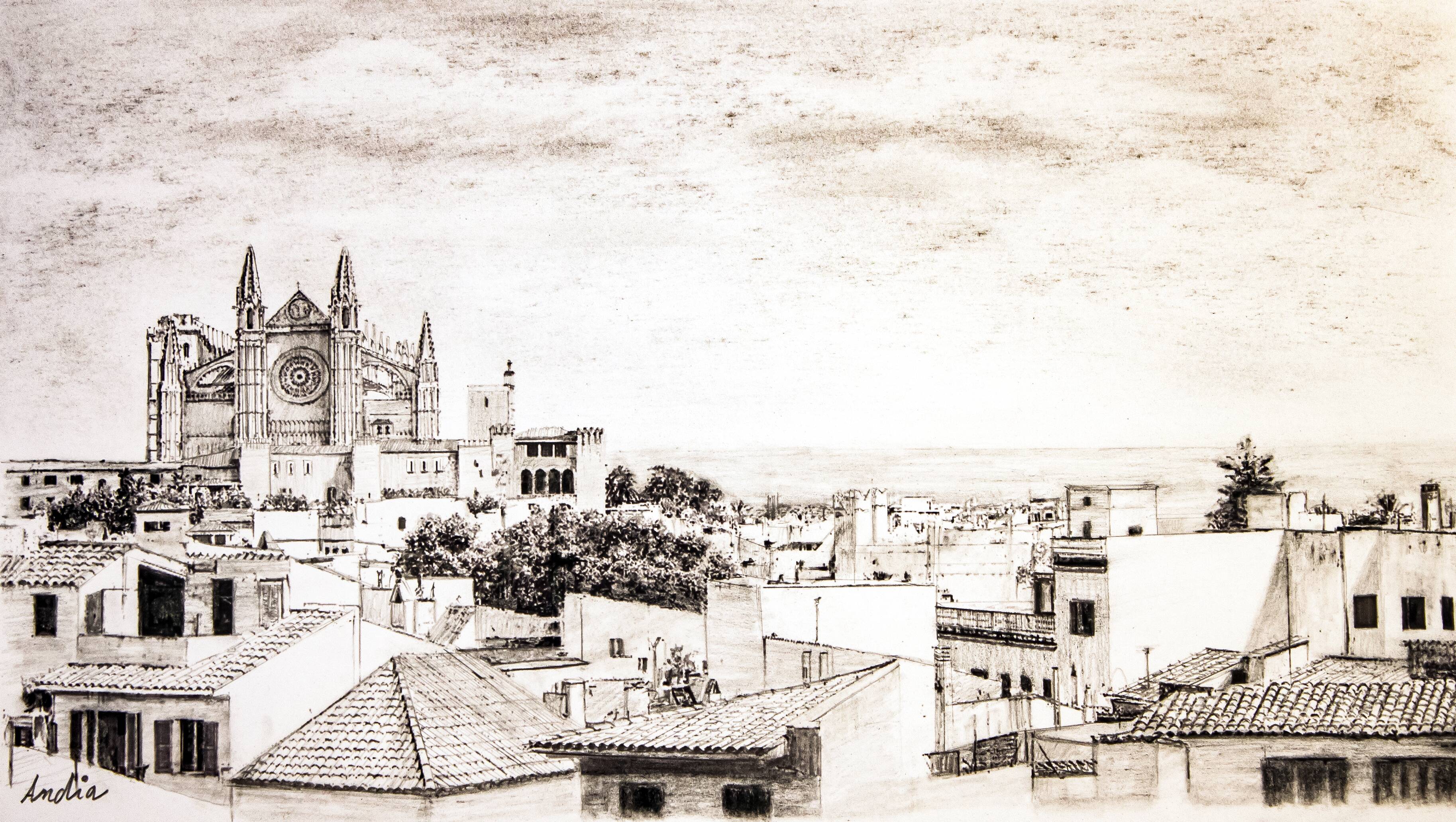 Description of a panoramic view of Mallorca. mallorca drawing. cuadro mallorca.