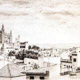 Description of a panoramic view of Mallorca. mallorca drawing. cuadro mallorca.