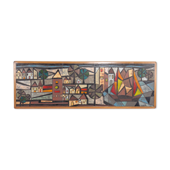 Enamelled lava wall panel, village decor