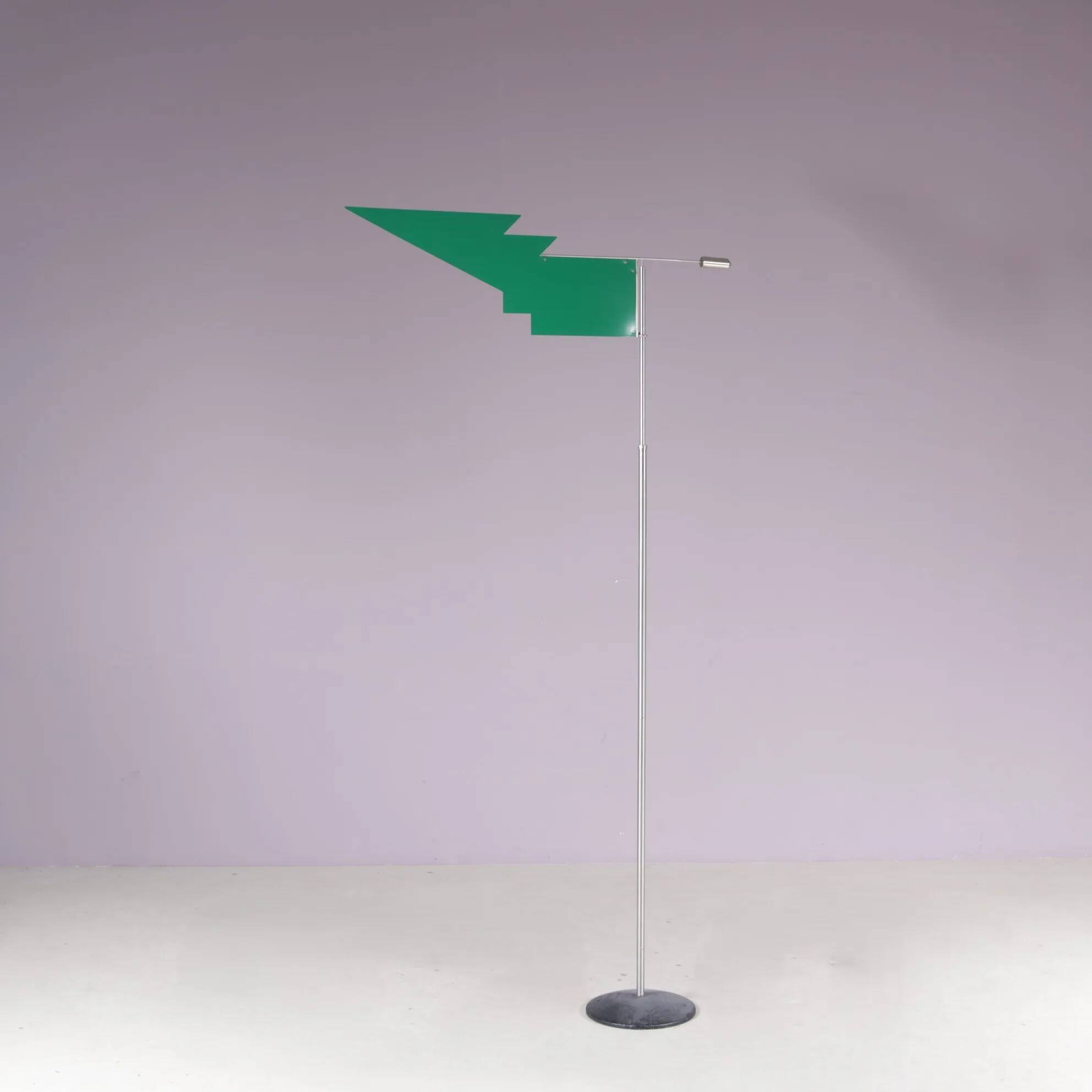2000s wind sculpture/weathervane by Afra Scarpa and Tobia Scarpa, telescopic pole and stainless steel counterweight, green metal windvane for Dimensione Disegno