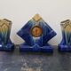 Art deco mantel clock with 2 vintage blue and white ceramic vases