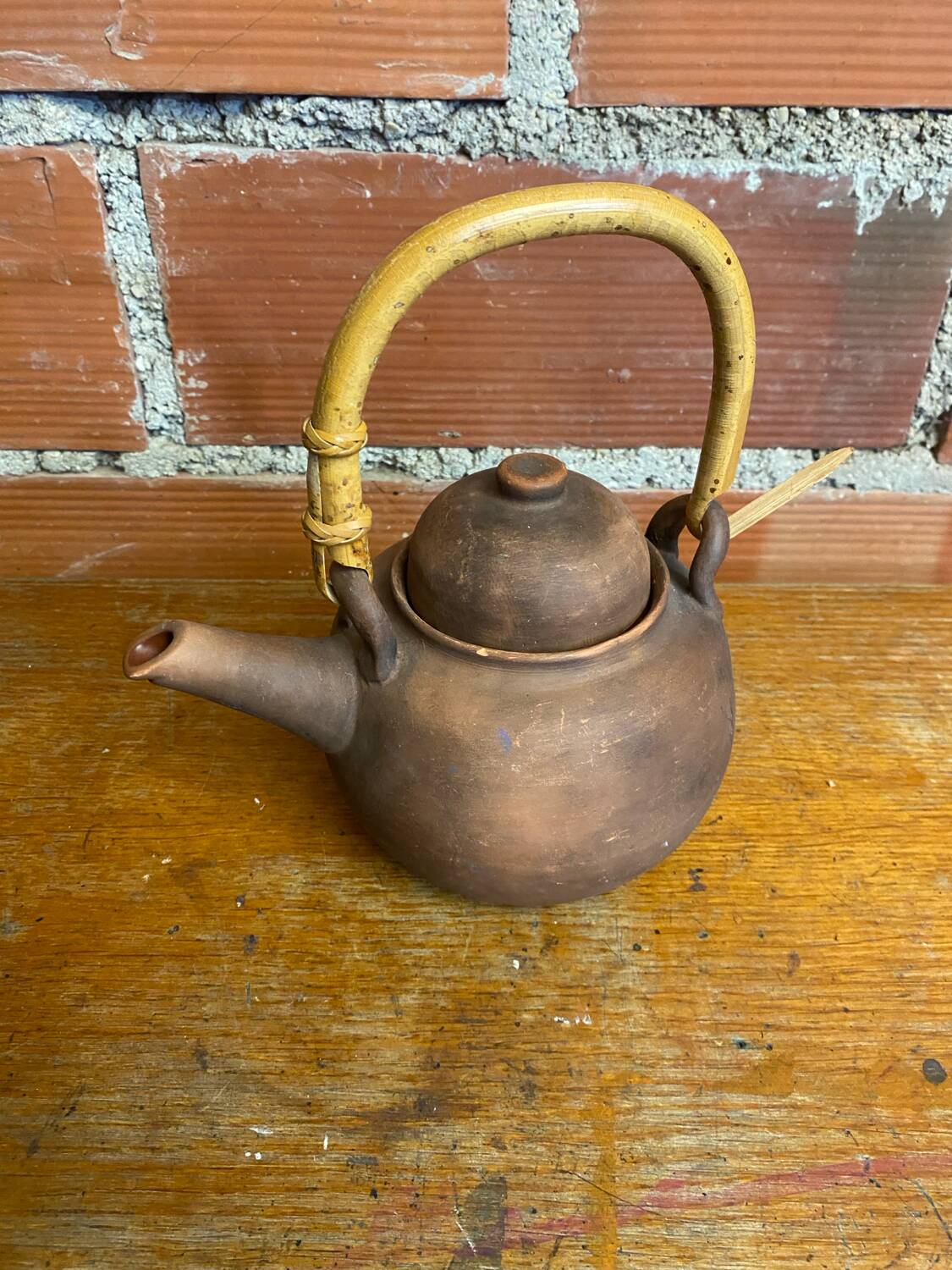 Antique terracotta teapot + bamboo handle, vintage japanese style