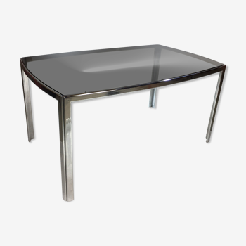 Table à manger piètement en métal et plateau en verre trempé fumé années 70/80