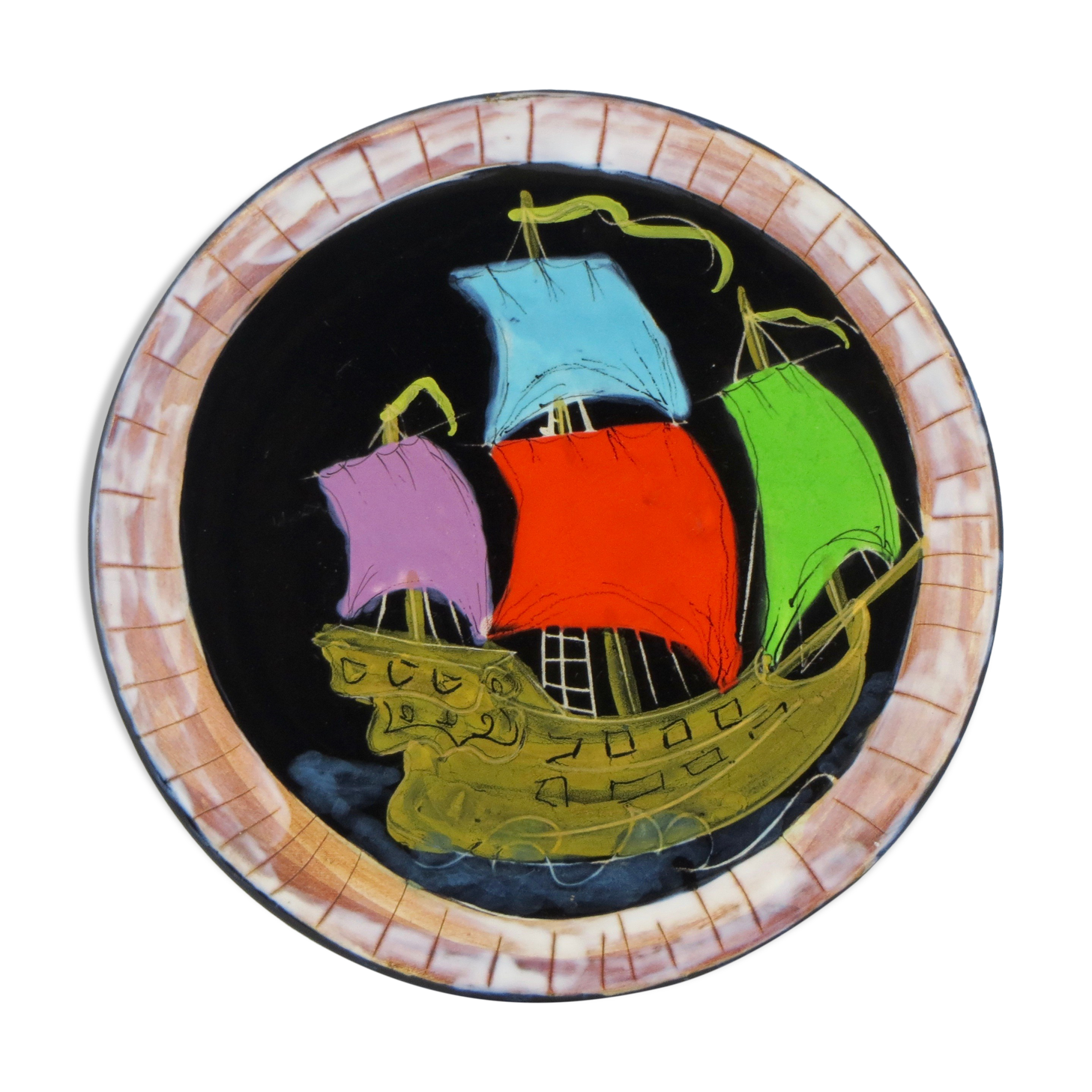 Ceramics plate cerenne "bateau" Vallauris 50/60 crociani/capron/chabaneix.