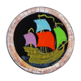 Ceramics plate cerenne "bateau" Vallauris 50/60 crociani/capron/chabaneix.