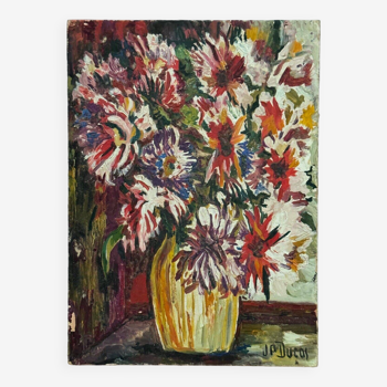 Oil on cardboard by J.-P. Ducos still life 1960 bouquet of flowers