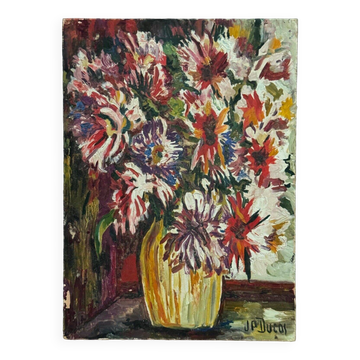 Huile sur carton par J.-P. Ducos nature morte 1960 bouquet de fleurs