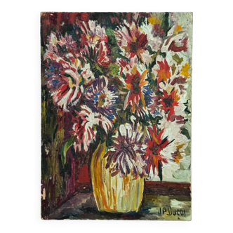 Huile sur carton par J.-P. Ducos nature morte 1960 bouquet de fleurs