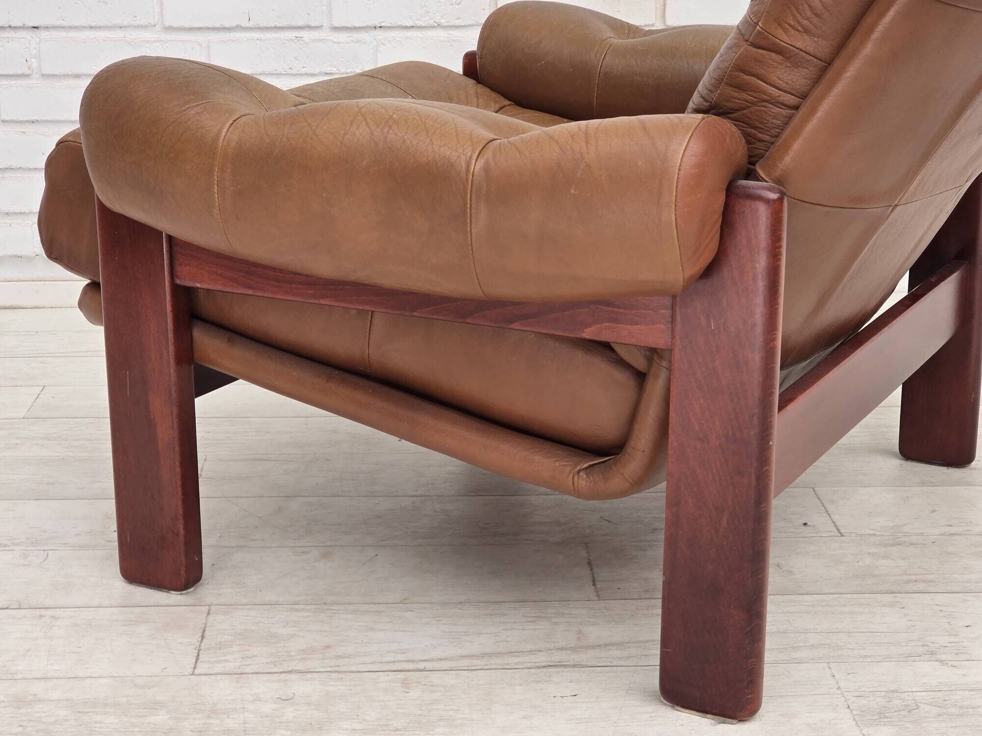 1970s, Swedish design, armchair with footstool, furniture leather.