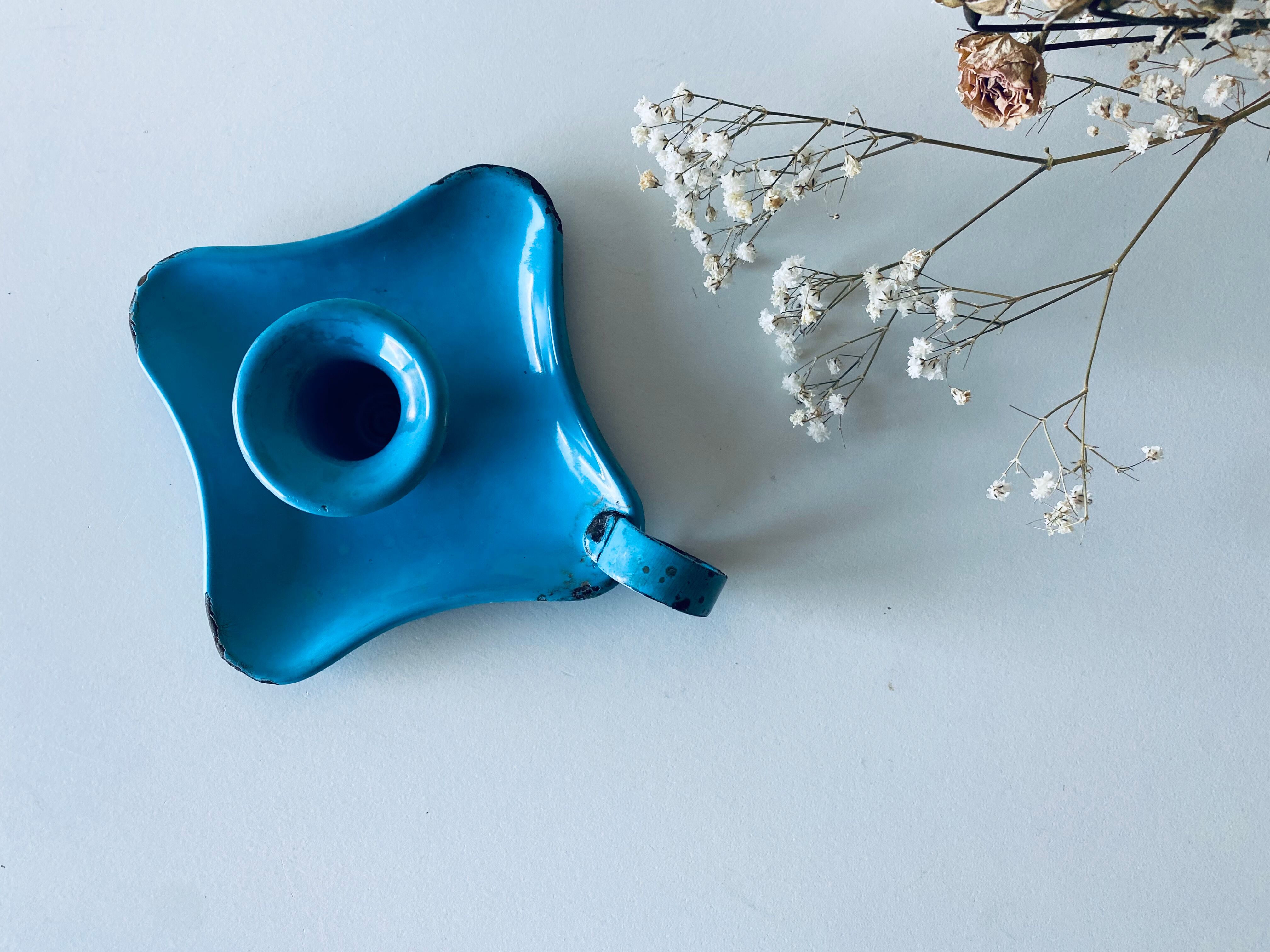 Old sky blue enamelled candle holder