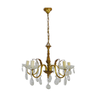 Old chandelier, suspension, 5-burner bronze luminaire and glass stamps. Year 50 60